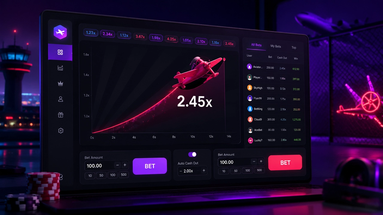 Interfaz oficial de la plataforma Aviator mostrando el panel de juego y opciones de apuesta