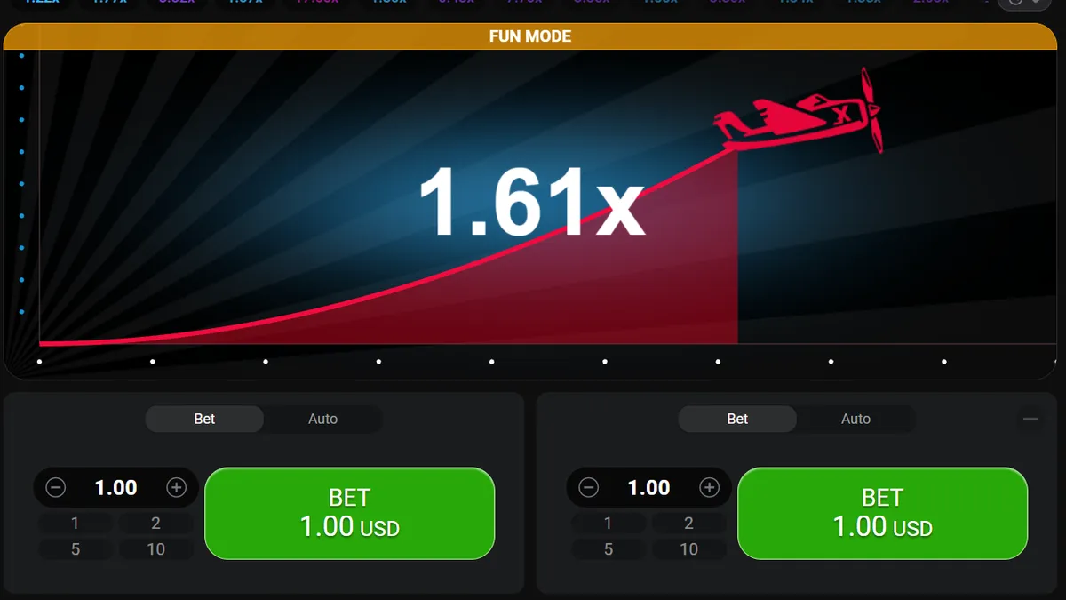 Panel de apuestas del juego Aviator con opciones de auto-retiro y apuesta doble